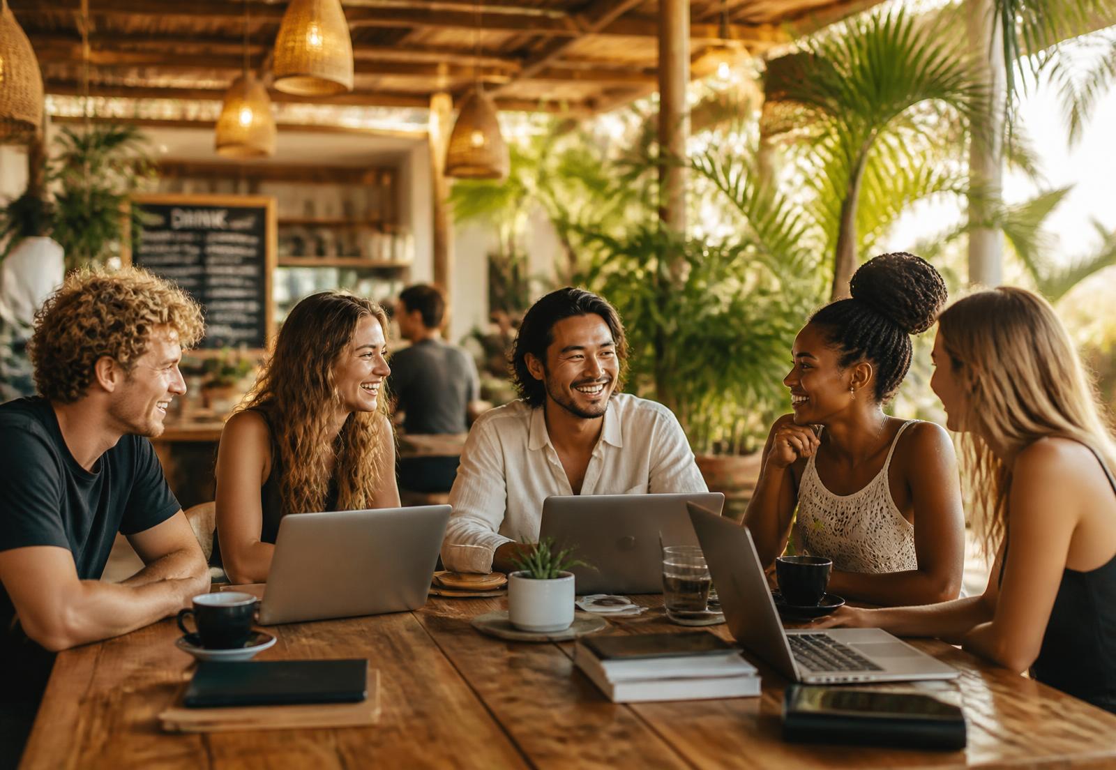 Members collaborating in a tropical café setting
