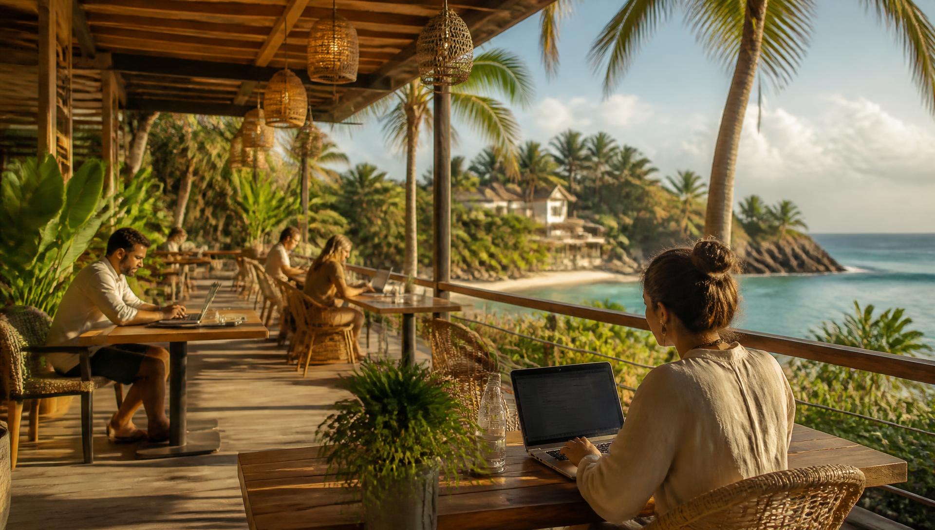 Open-air tropical coworking terrace overlooking the sea at golden hour
