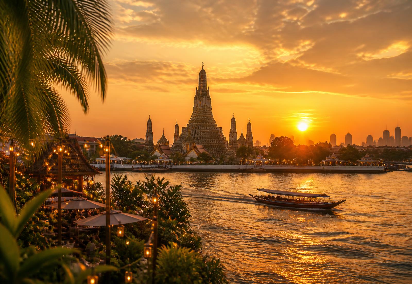 Bangkok skyline at sunset over the Chao Phraya river